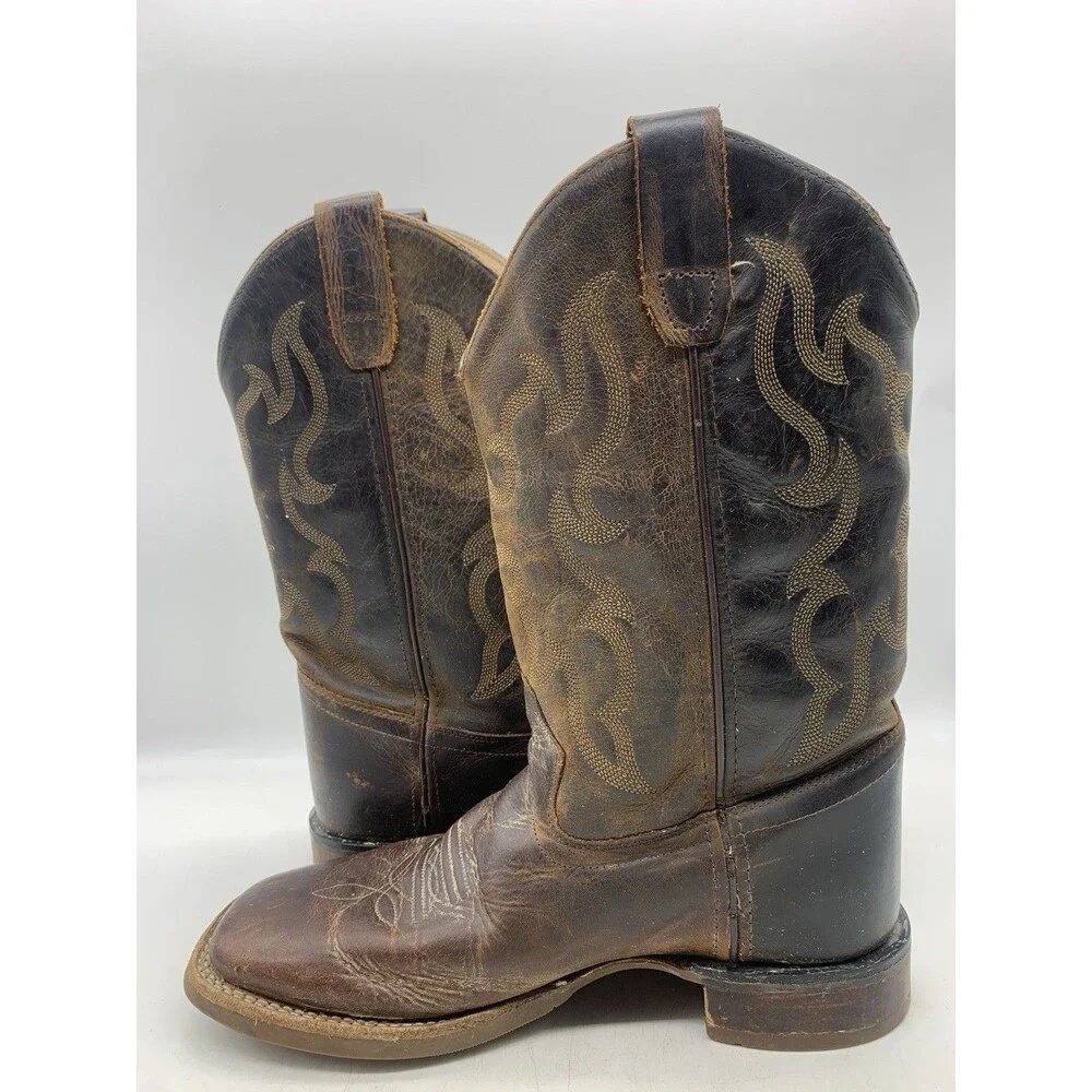 Old West Youth Cowboy Boots Brown Leather Square Toe Size 6.5 D Women’s Sz 8